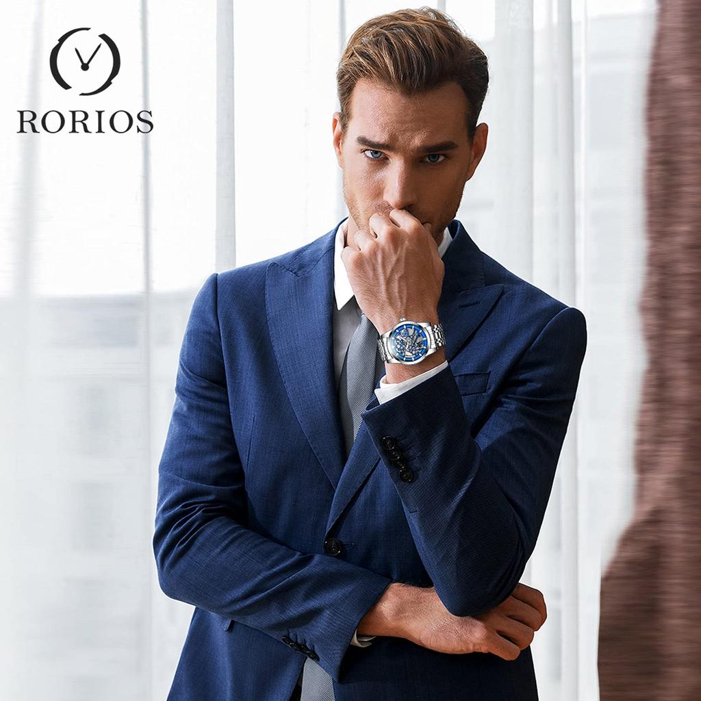 RORIOS Men's Automatic Mechanical Watch with Openwork Design, Luminous Design, Waterproof, Multi-Function Design, Stainless Steel Band, Popular,