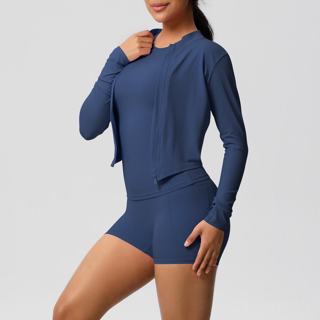 European and American cloud-feeling abrasive long-sleeved sports zipper jacket, running hip lift fitness yoga suit three-piece set for women
