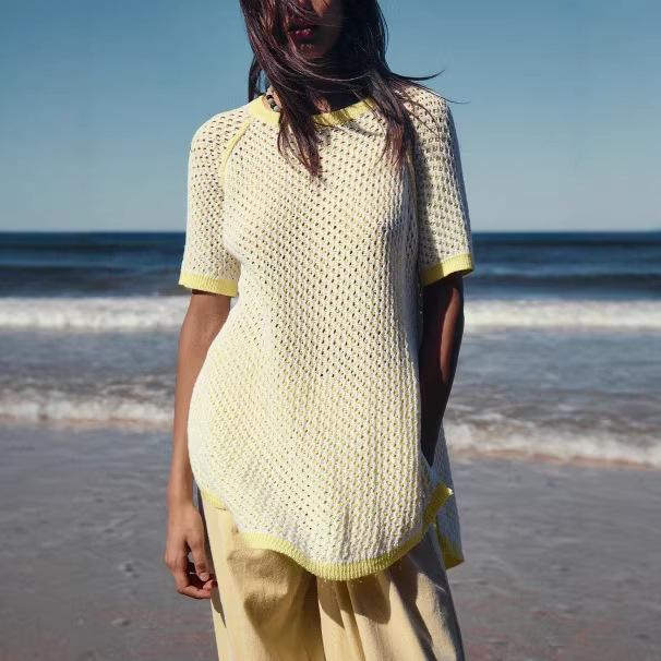 1011 European and American short-sleeved hollow-knit summer women's casual top double-sided beach blouse