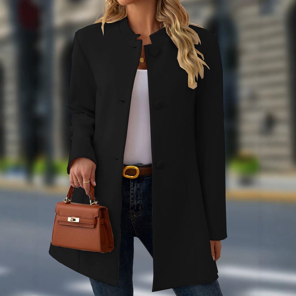 Women S Casual Stand Collar Mid Length Woolen Coat For Daily Wear