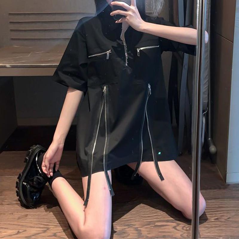 Women Vintage Harajuku Streetwear Zipper Designer Shirts Summer Trend Short Sleeve Loose Blouse Y2K Female White Black Chic Tops