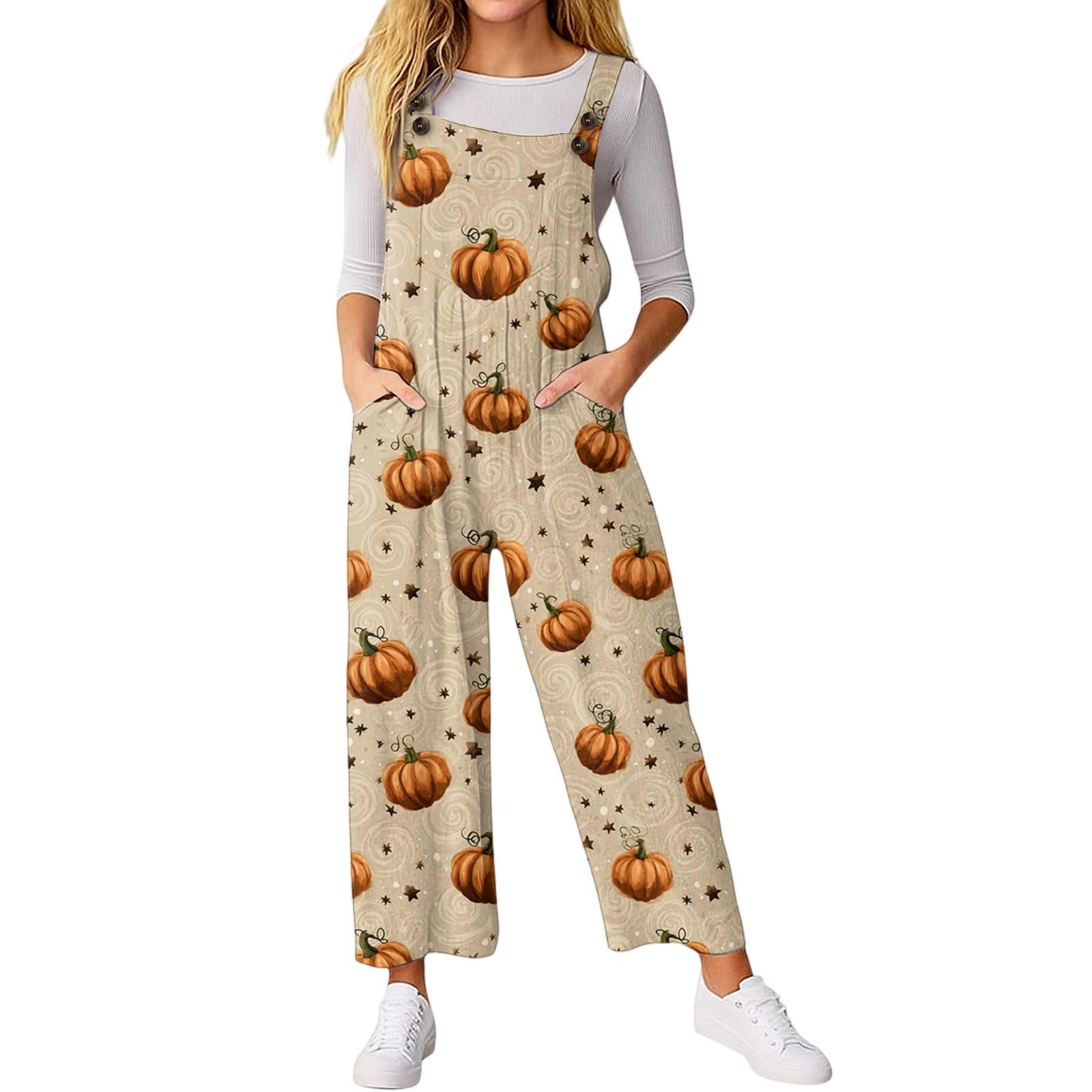

Women’s Loose Casual Sleeveless Jumpsuit Halloween Printed Jumpsuit Printed Jumpsuit L бежевий