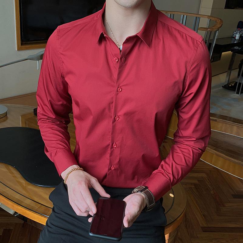 2021 Spring/Autumn Men's Iron-Free Long Sleeve Shirt - Youth Business, Solid Color, Turn-Down Collar.