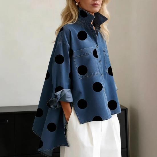 Gepunktetes Jeanshemd für Damen Locker geschnittenes Hemd mit Knöpfen und Brusttaschen Lässige Oversize-Jacke Frühling Sommer Modisches Trendiges Hemd
