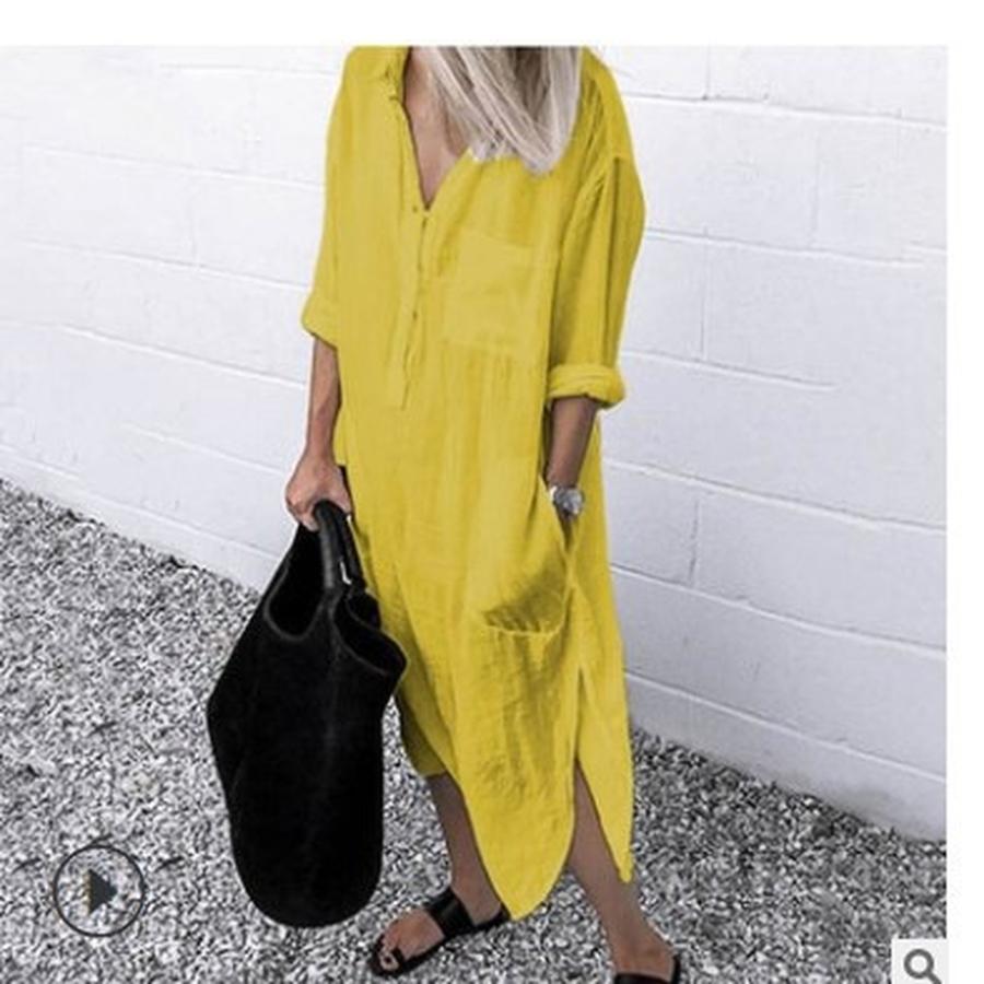 Summer Autumn Elegant Solid Color Slit Dress, Simple Buckle Long Sleeve Shirt Dress, S жёлтый