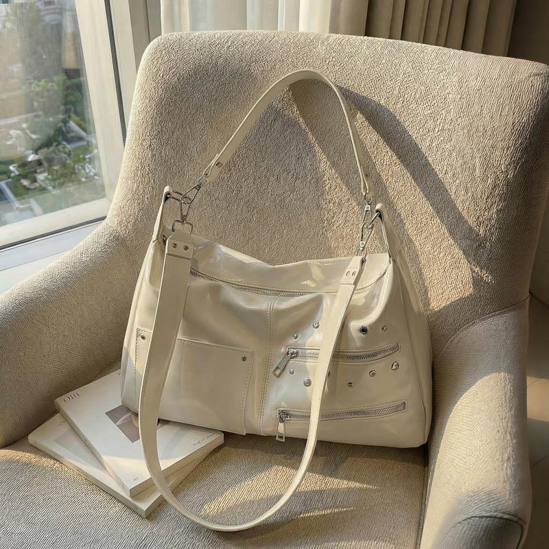 Glossy Faux Leather Shoulder Bag with Multiple Zipper Pockets Women's Fashion Handbag Large Capacity