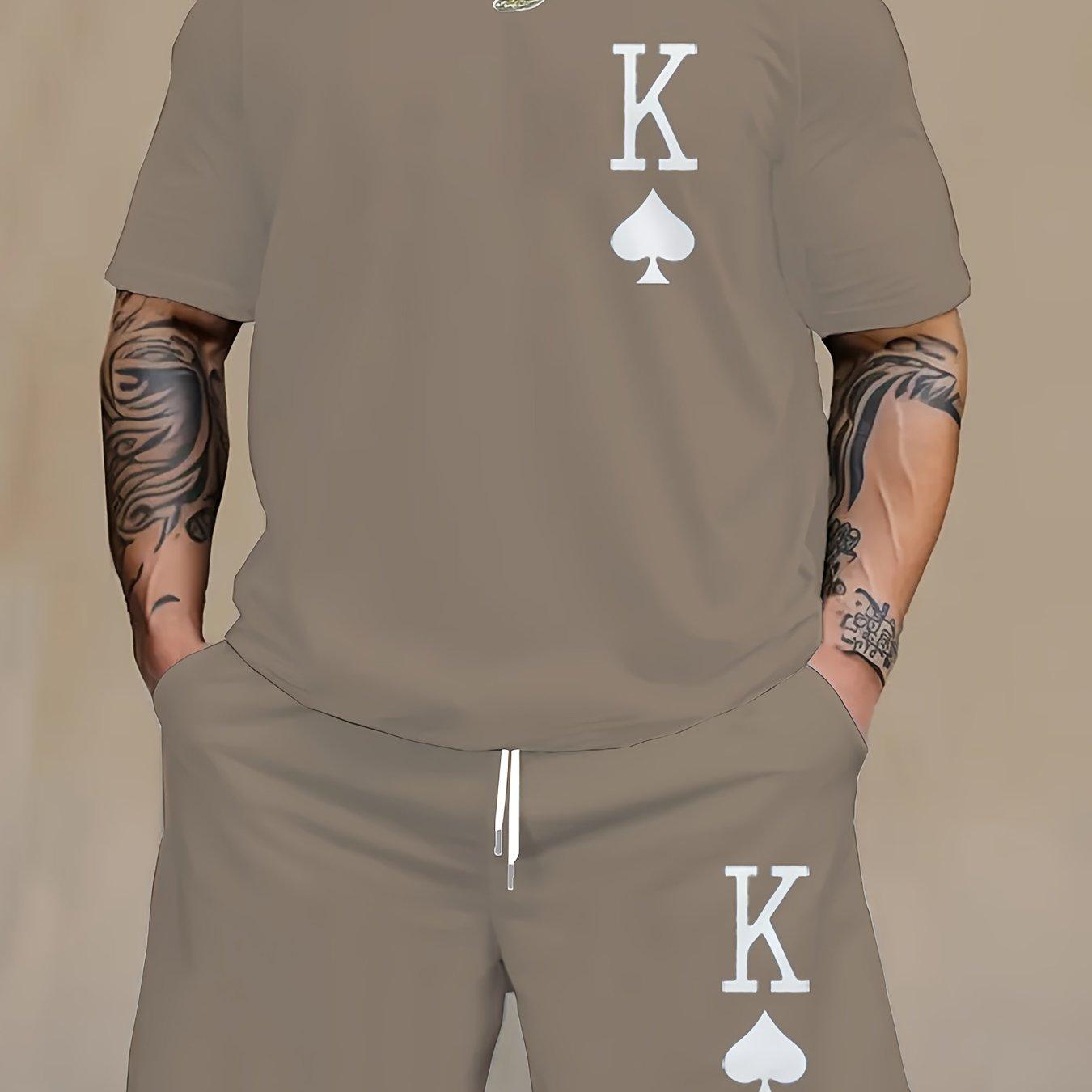 

2 шт., мужская удобная футболка с рисунком «K» больших размеров и шорты — повседневный стиль для занятий спортом на открытом воздухе и летних мероприятий 6XL