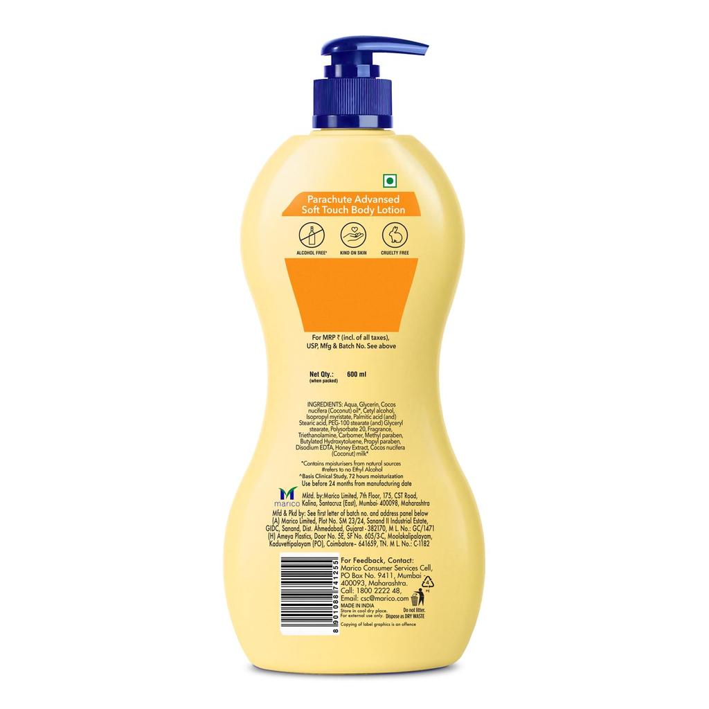 PARACHUTE Advansed Soft Touch Body Lotion 600ml For Men Women All Skin Types 72h Hydration With Coconut Milk Honey