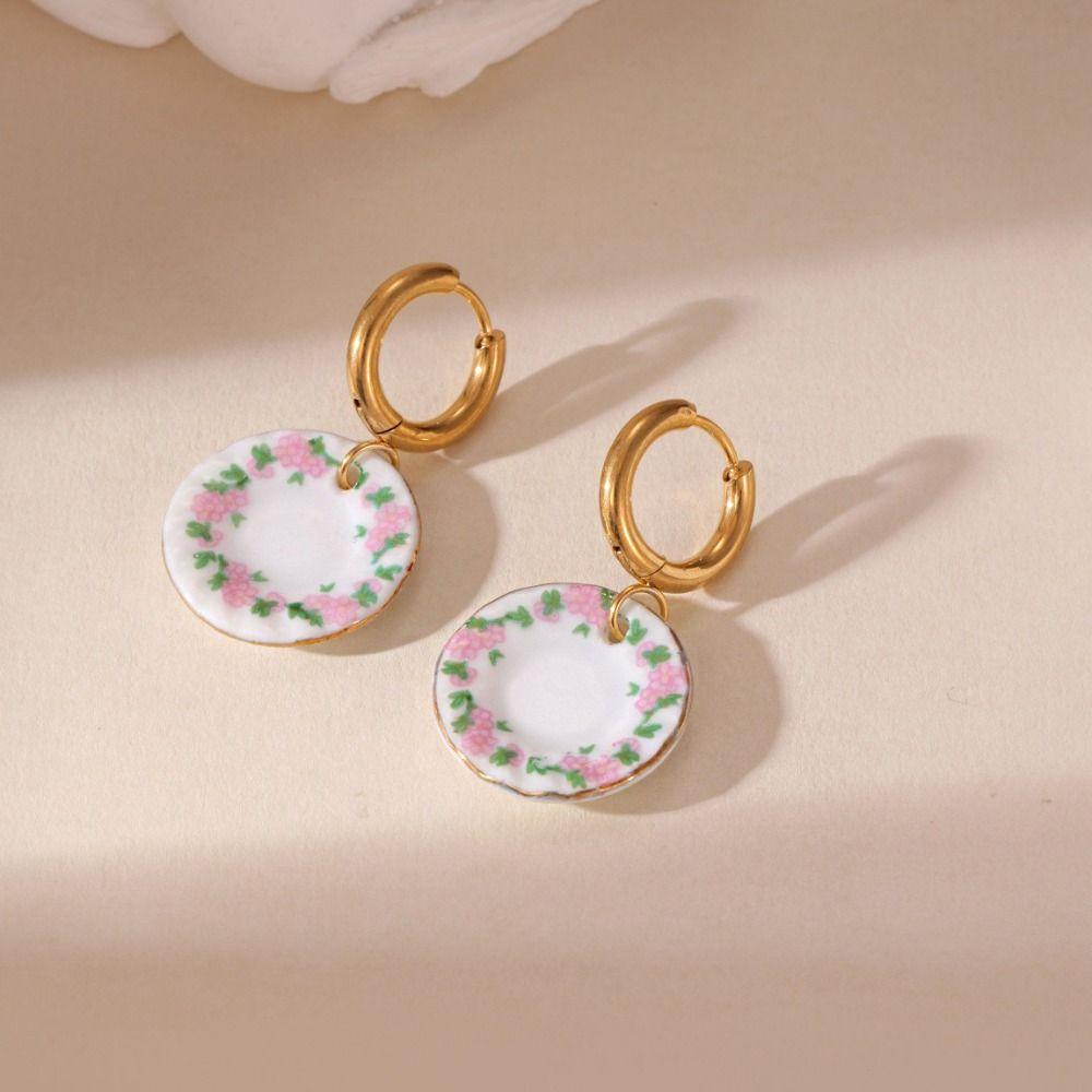 Dripping Oil Ceramic Ear Buckle Stainless Steel Gold Enamel Hoop Earrings  Party