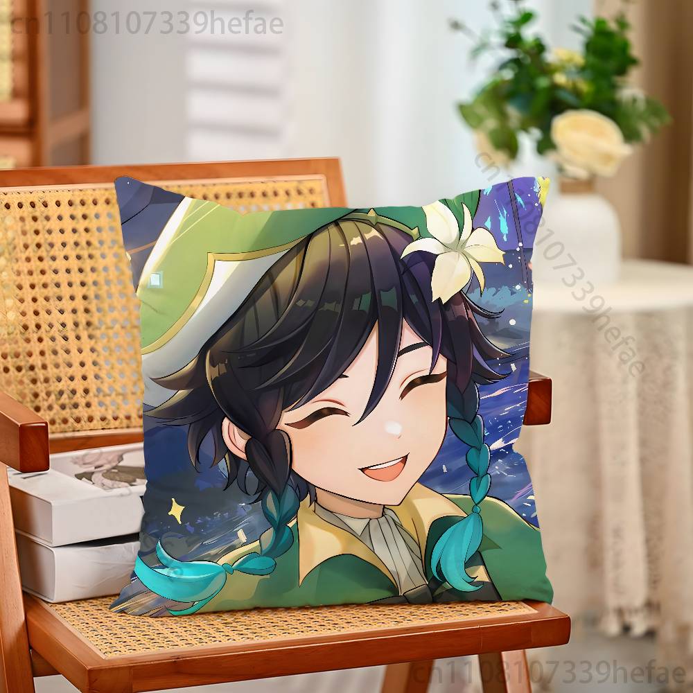 genshin impact venti Funny Pillow Case Antidustmite Pillowcase Invisible Zipper Silky Short Plush Sofa Cushion Cover