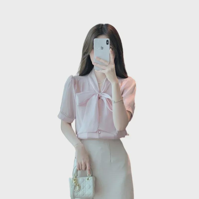 2025 Summer New Korean Style V-Neck Bow Lace Chiffon Shirt - Pink Sweet Short-Sleeved Top
