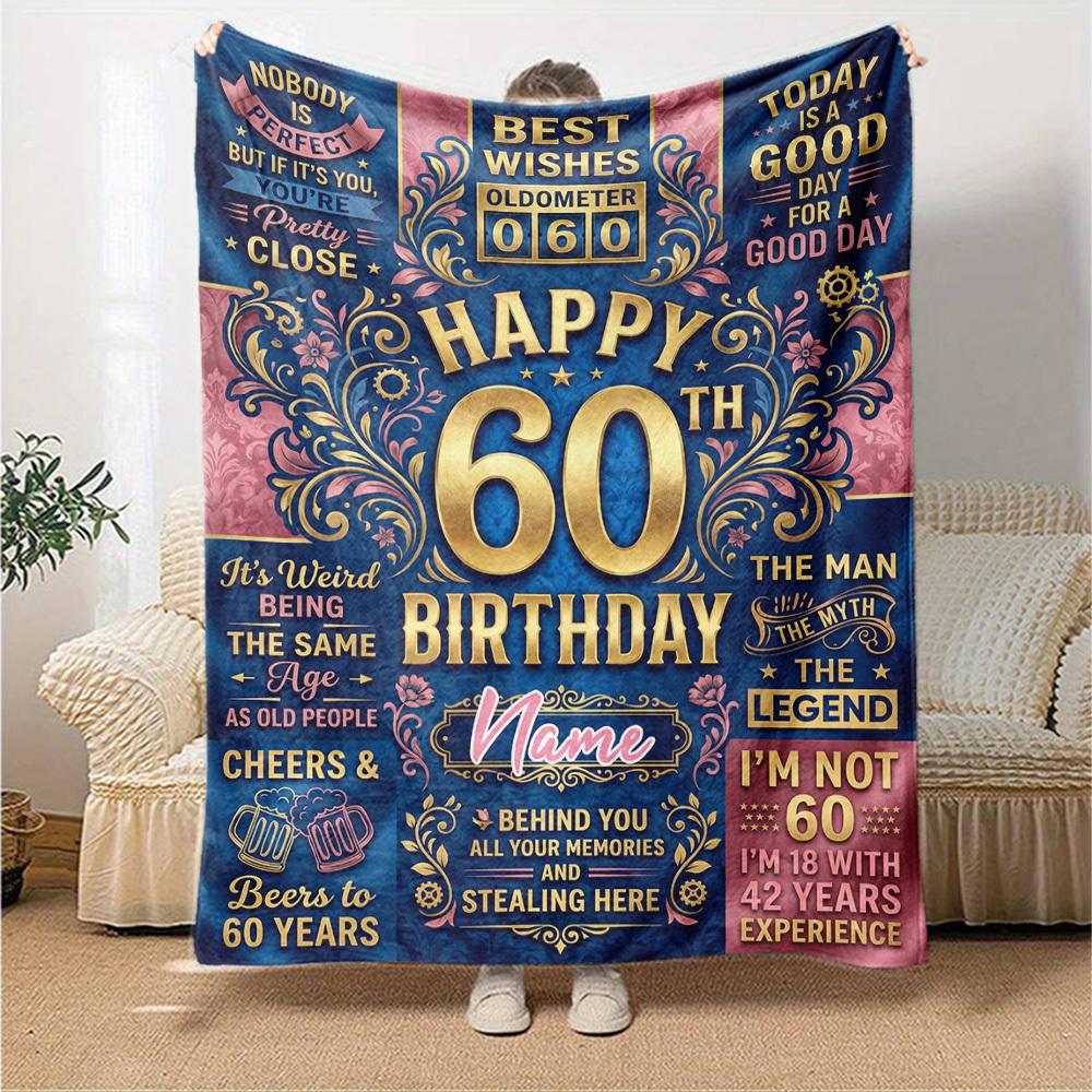 Happy 60Th Birthday Celebration Blanket Personalized Name Soft Warm And Versatile For Sofa Bed Office And Travel Machine Washable Comfortable In All