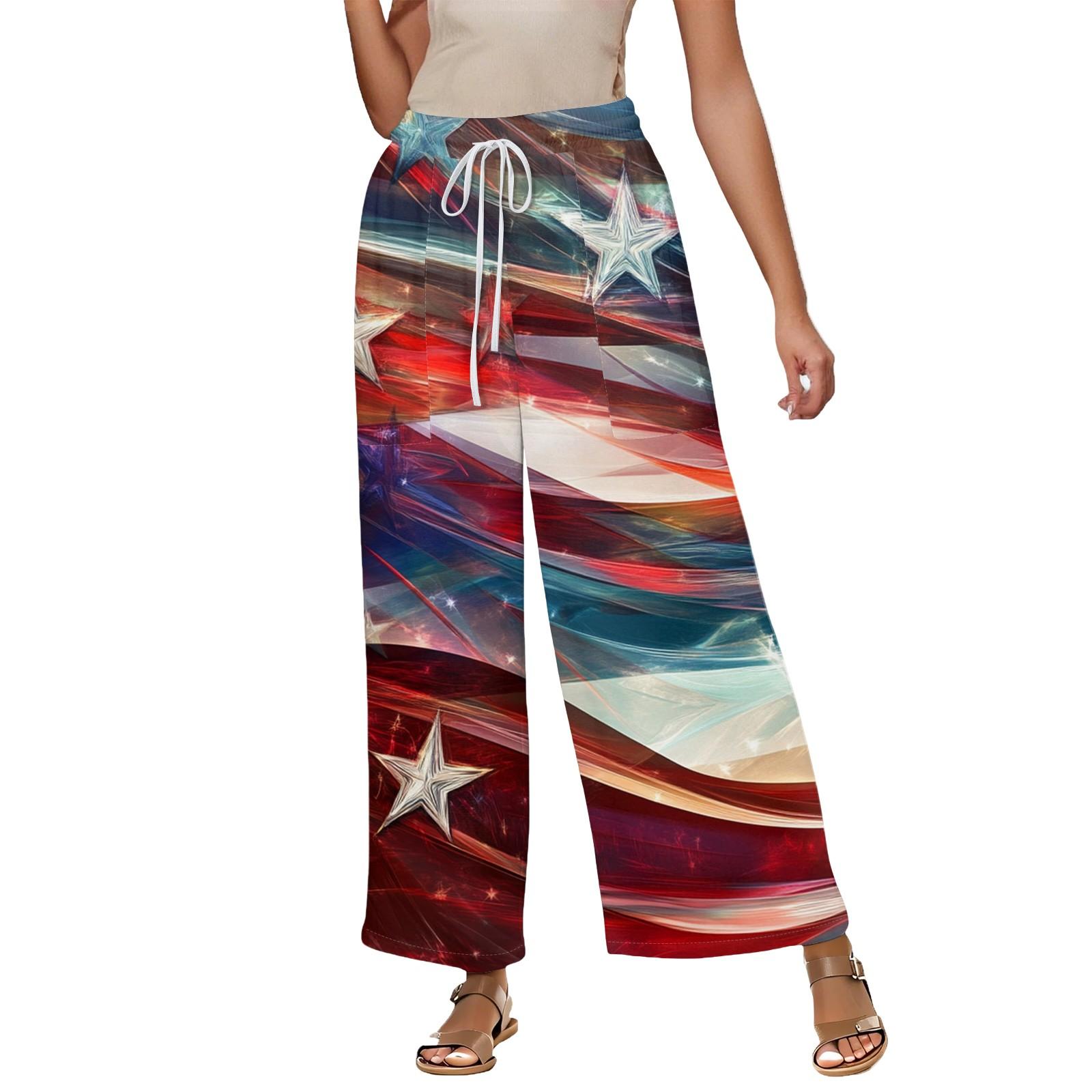 Women s Summer Elastic Waist Independence Day Printed Cotton And Linen Loose Cropped Pants S синий