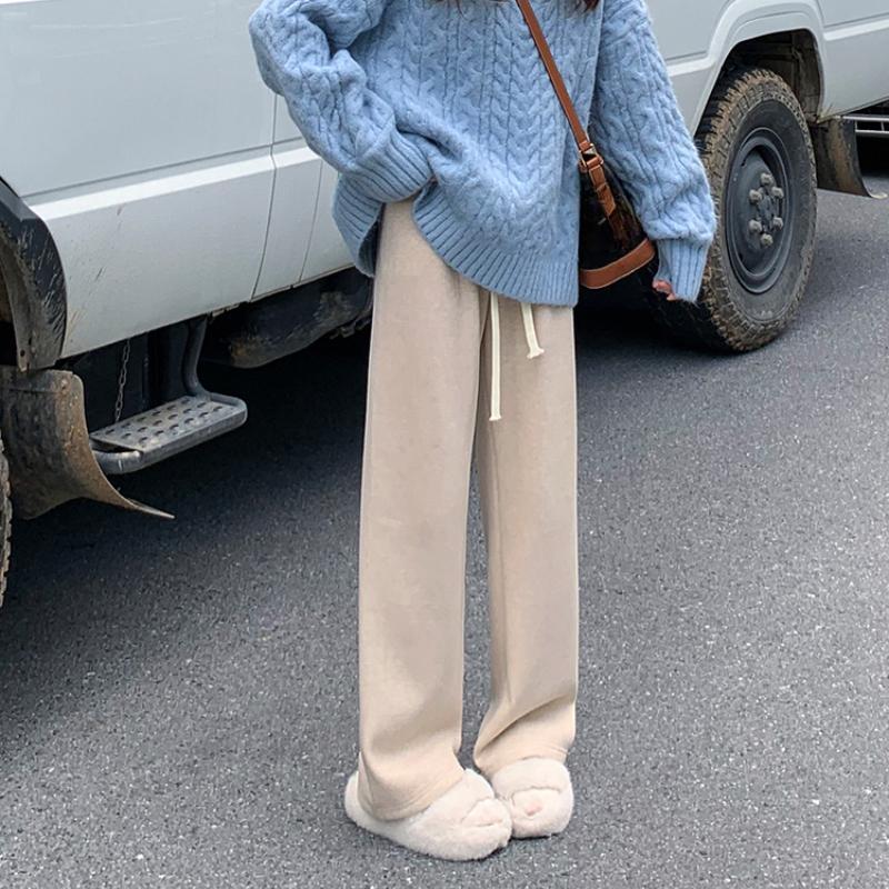 Fashion Thick Solid Casual Loose Wide Leg Pants Women Autumn and Winter High Waist Elegant Office Ladies Trousers Vintage Simple Straight Pants 25680