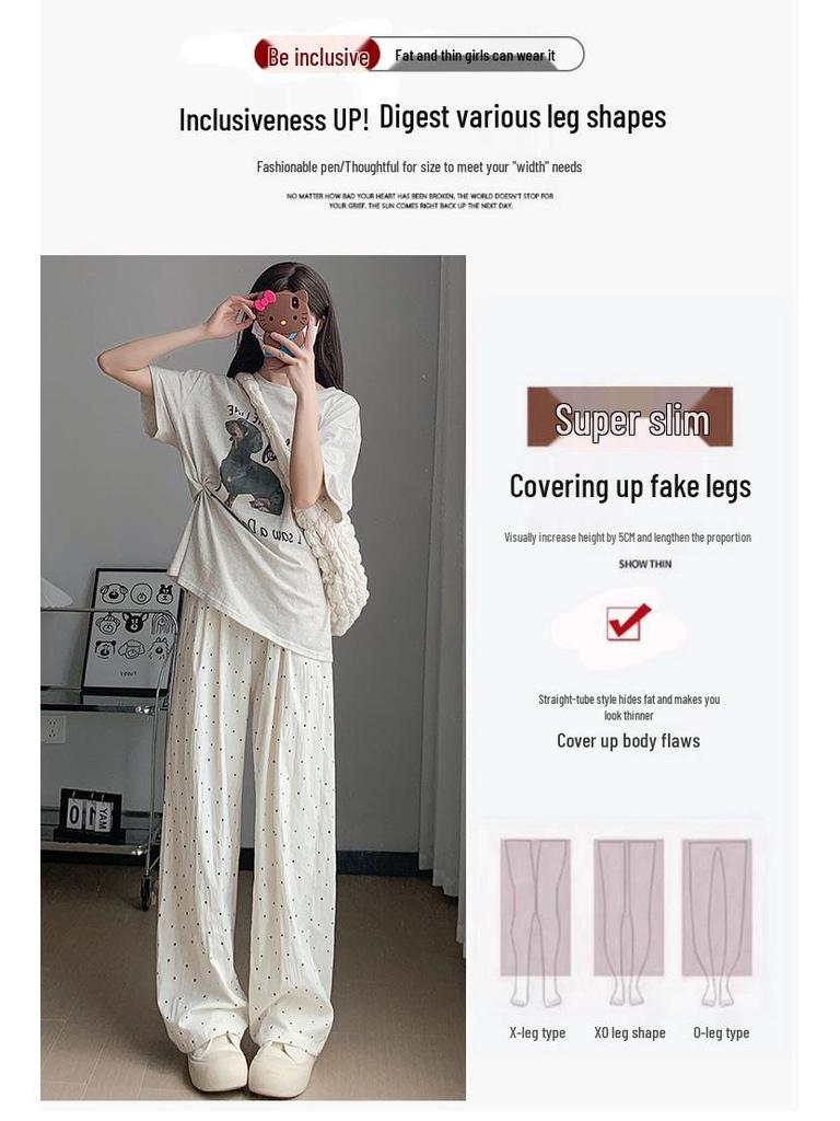Women's Summer Polka Dot Ice Silk High Waist Wide Leg Pants - White, 2025 Collection