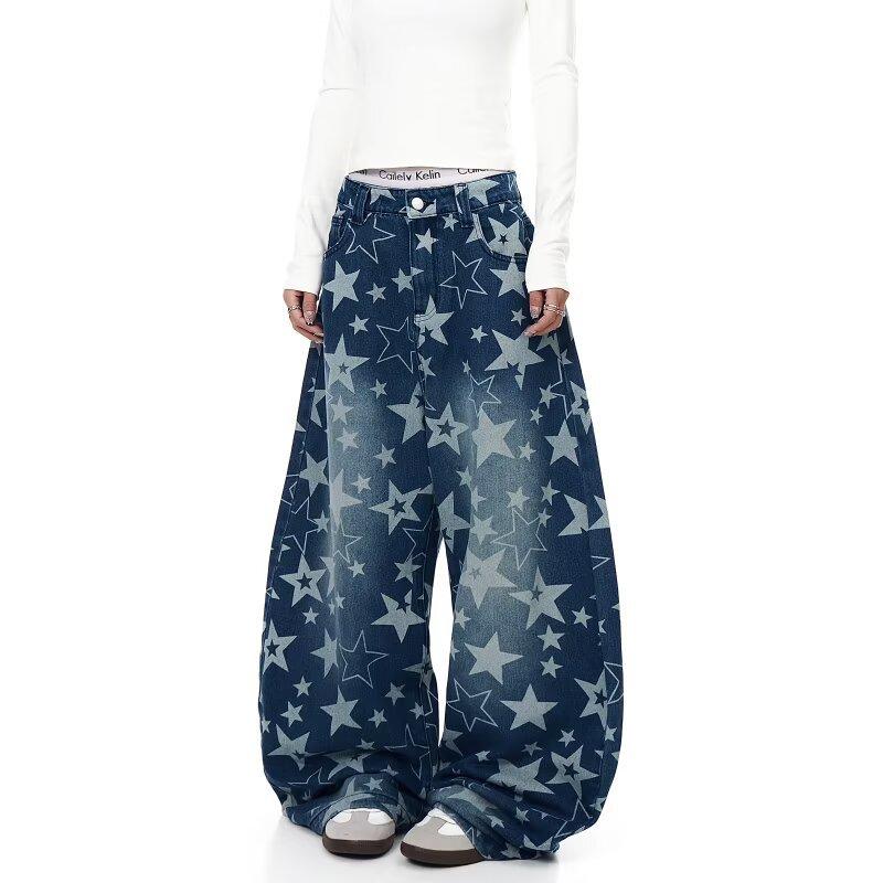 Jeans Larghi Unisex a Vita Media Deostrutturati Vestibilità Larga Vintage Americano Lavato Baggy in Denim Pantaloni Rilassati Lunghi Fino a Terra