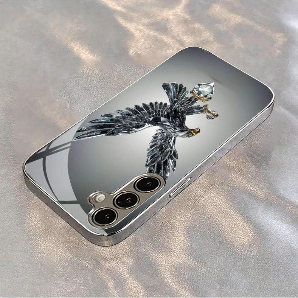 Glass Crystal Eagle Silver Electroplated Glass Phone Case For Samsung Galaxy S25 Ultra S24 S23 S22 Plus Hard Shockproof Cover