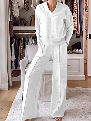 2-piece Gray V-neck Wide Leg Pants Set - Loose Long Sleeved Suit Jacket and Pants, Wrinkle Resistant for Both Office and Leisure Use
