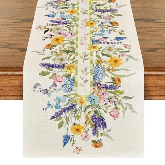 Spring Table Runner Floral Linen Table Runner Seasonal Summer Wildflowers Kitchen Dining Decoration for Home Party Decor