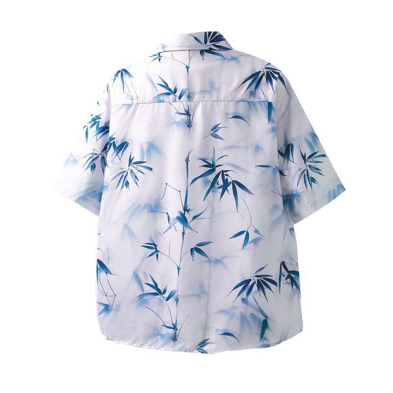 Blue Bamboo Leaf Print Ink Wash Short Sleeve Loose Shirt