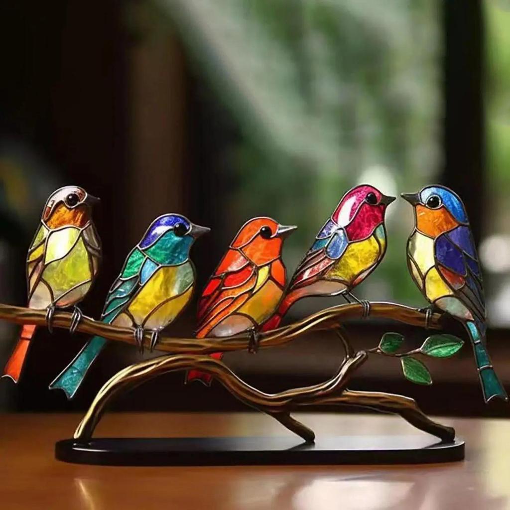 1PC Stained Metal Art Bird Ornament Birds Standing on Branch Ornaments for Home Decor Desktop Office Living Room Bedside Gifts