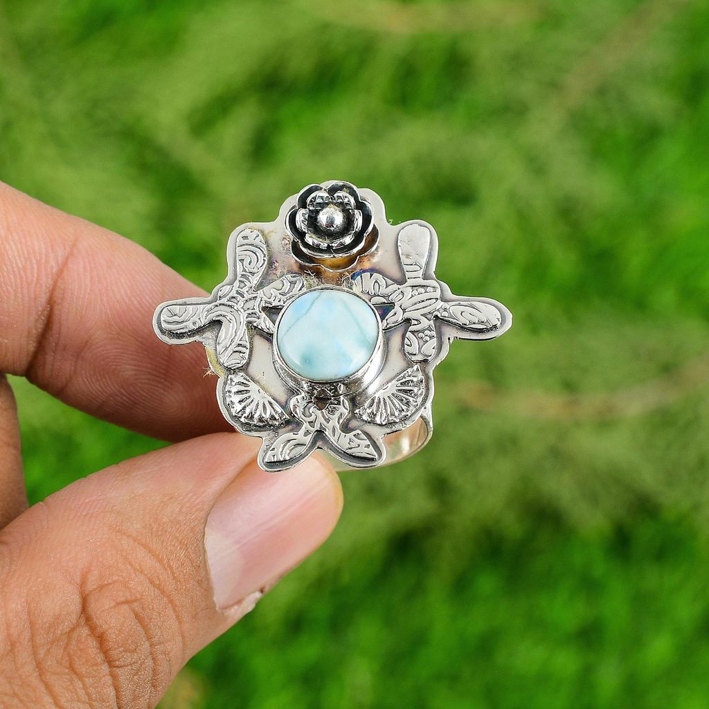 Natural Larimar Gemstone 925 Silver Promise Flower Adjustable Ring For Girls