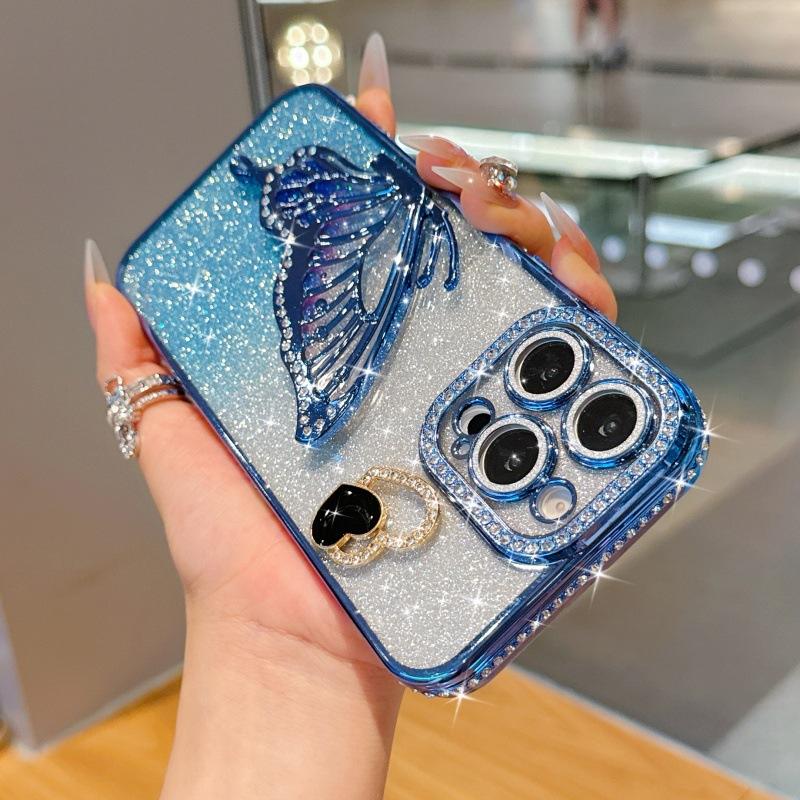 Applicable to iPhone17Promax mobile phone case 14-side drill quicksand butterfly holder Apple 16 protective case 15 bracelet
