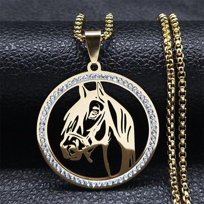 Horses Head Pendant Necklace for Men Women Stainless Steel Crystal Animal Chain Jewelry Accessories