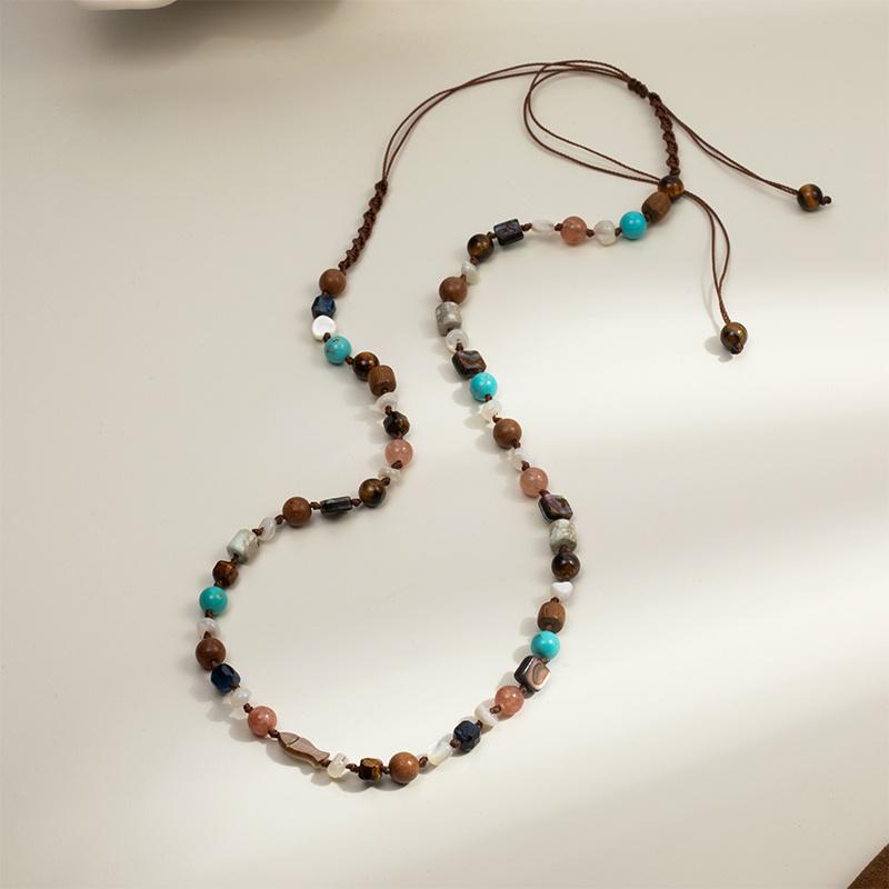 Elegant Turquoise and Sandalwood Beaded Necklace for Women - Adjustable, High-End Vacation Style