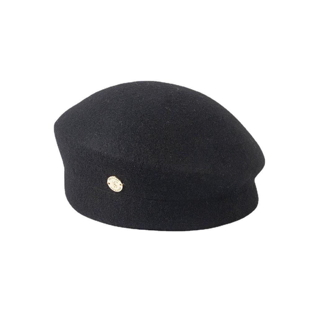 Autumn and Winter New Fashion Retro British Delicate Wool Felt Top Hat Stewardess Hat with Metal Label Women's Elegant Woolen Hat