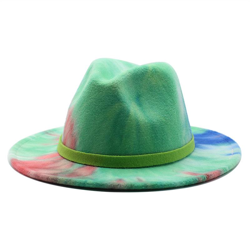 Ji Nan Ladies Tie-Dyed Rainbow Wool Top Hat, Flat-Brimmed Jazz Hat Felt Hat