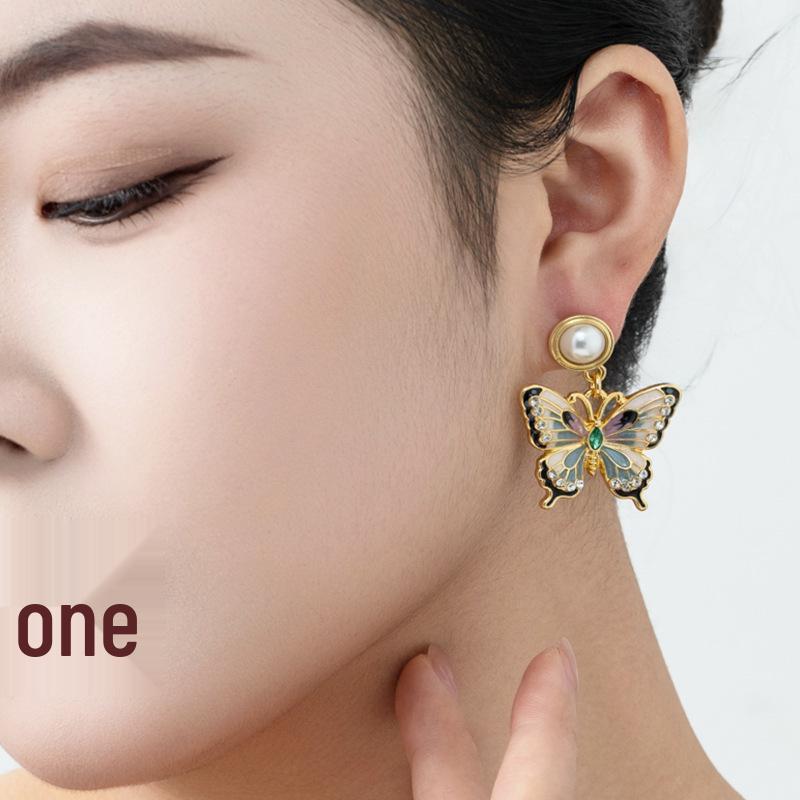 Three-Dimensional Enamel Pearl Flower & Butterfly Earrings, Court Style, Insect Series, 925 Silver Studs for Women