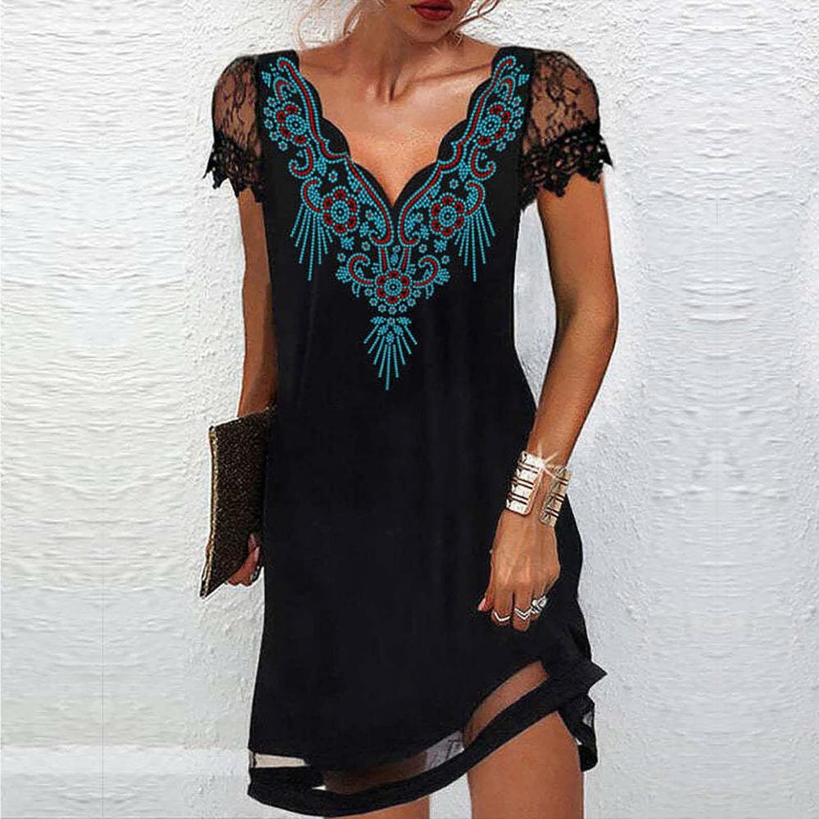 

Ladies Casual Positioning Print V-Neck Lace Panel Short Sleeve Dress XXL зелений