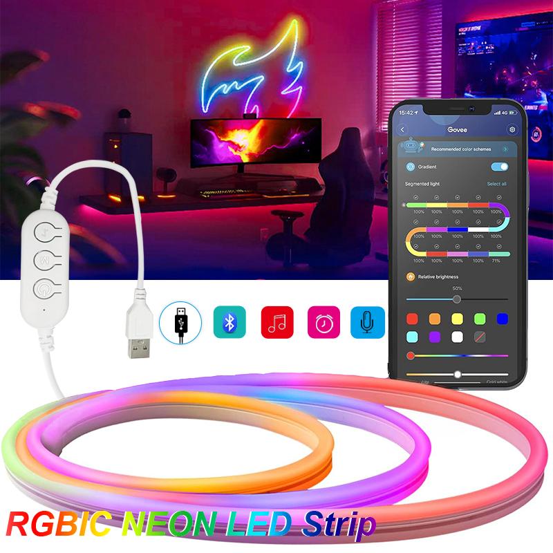 Colorful Running Lantern Strip USB RGBIC Neon LED Strip Light Bluetooth APP Control Music Sync Silicone Neon Lamp Tape for Room