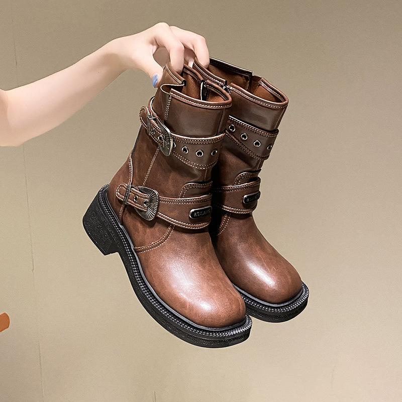 Colored pu leather British style short boots~ New square head thick sole belt buckle side zipper thick heel middle heel knight boots women