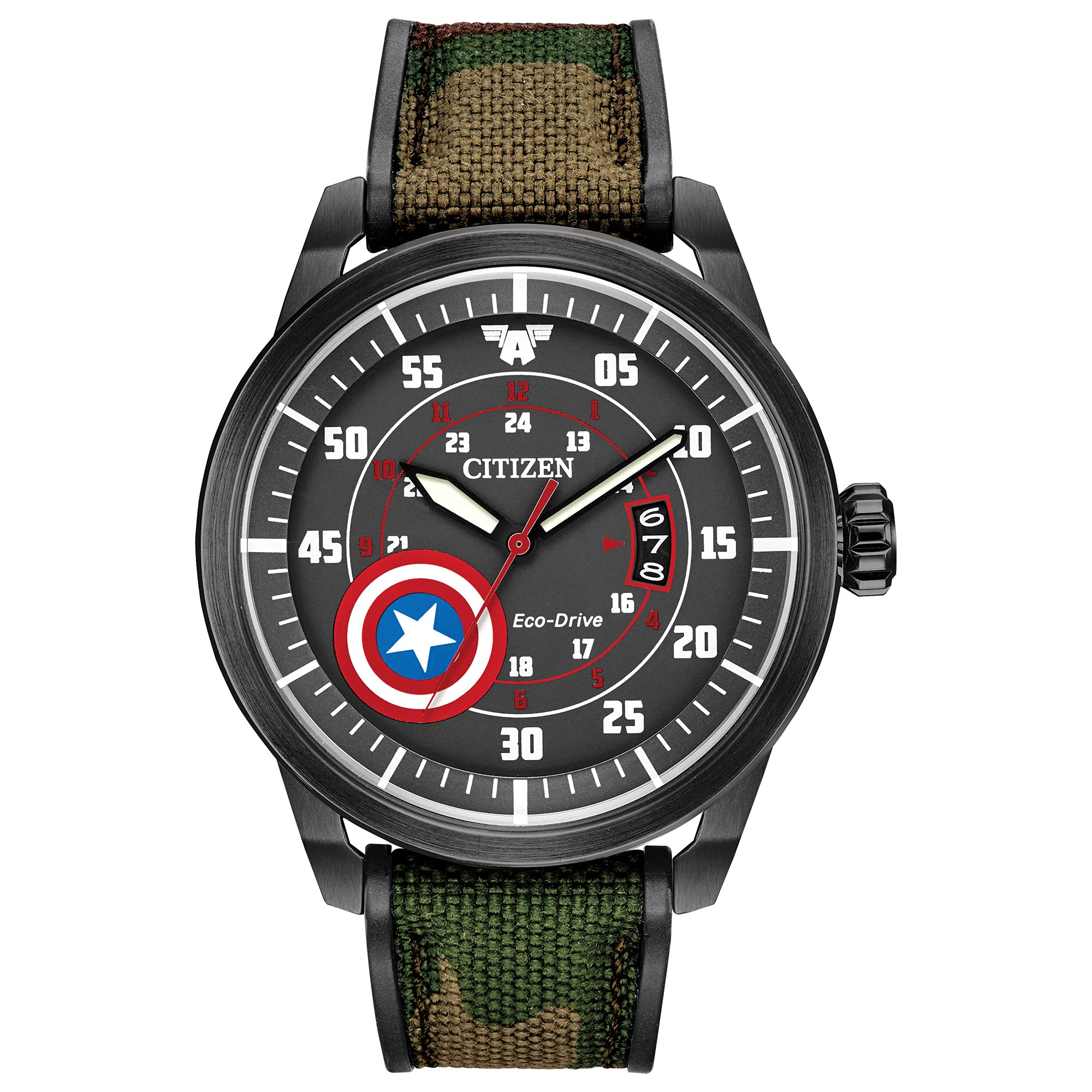 

[Parallel Import] CITIZEN MARVEL CAPTAIN AMERICA AW1367-05W Men s Analog Solar Watch, Black/Khaki Camouflage, Nylon Strap