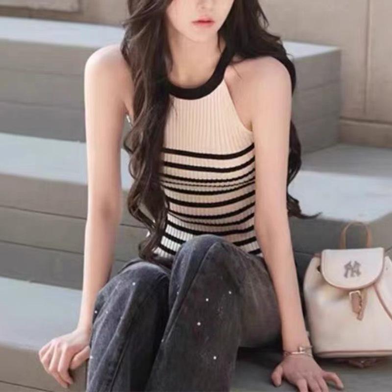 Women's Halterneck Striped Ice Silk Knit Camisole - Sleeveless Top, Covers Armpit Fat, Ideal Summer Outerwear