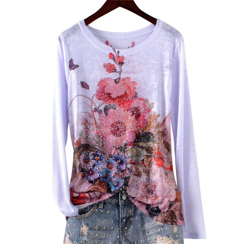 

Thin Printed Slim-Fit Long Sleeve Bottoming Top Mulberry Silk Pink peach blossom M