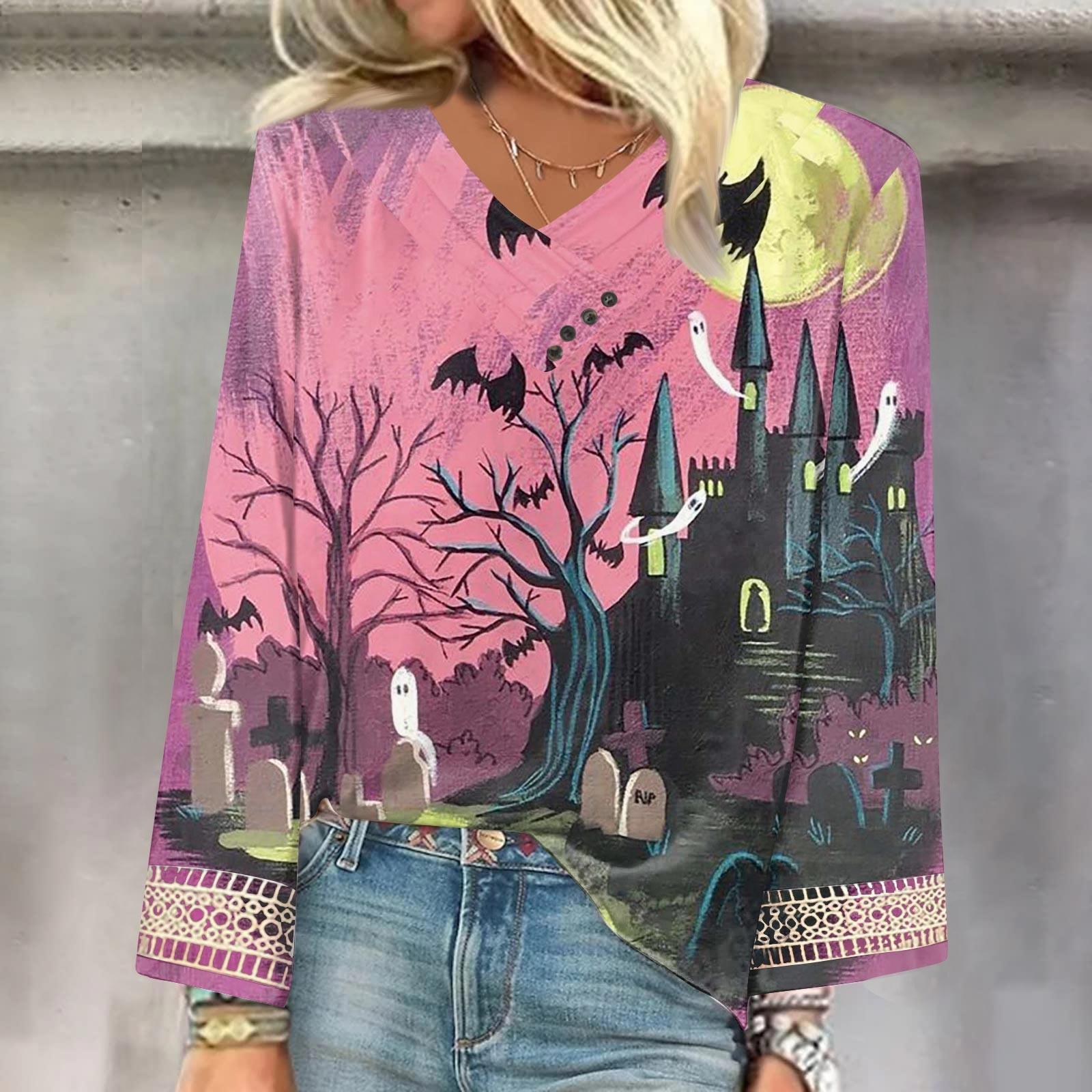 

Women s Fashion V-Neck Button Long Sleeve Lace Halloween Printed Loose Blouse Top XXXL розовый