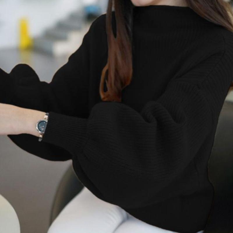 Women's Plus-Size Turtleneck Short-Sleeve Lantern-Sleeve Pullover Sweater Korean-Style Thickened Loose Puff-Sleeve Knitted Batwing Top