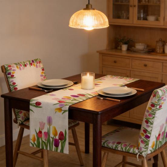 Běhoun na stůl Tulipán Jaro Léto Květinový Lněný ubrus Rozkvetlé květy Ochrana stolu pro jídelní stůl Domácí Dekor Farmářský Styl Pikniková Párty