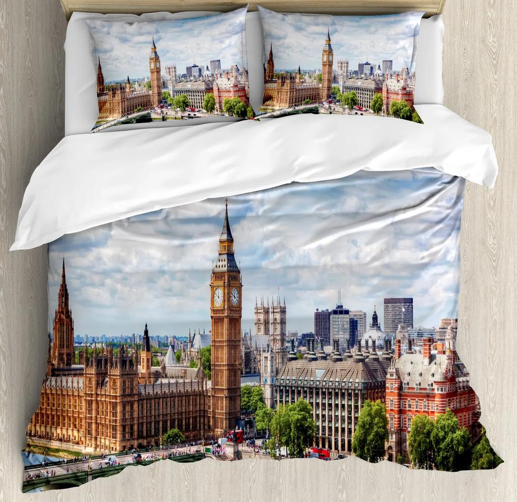 London's Clocks Trams Bridges Bedding Set London Duvet Cover Set London Telephone Booth In The Street Traditional Local Cultural