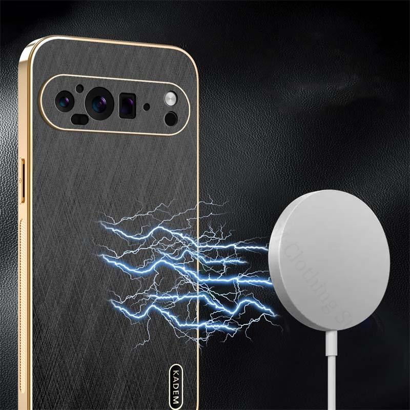 6D Plating Gold Silk Grain Leather Case For Google Pixel 9 Pro XL Electroplated Tough Shockproof Cover For Pixel 9a 8 7 6 9 Pro