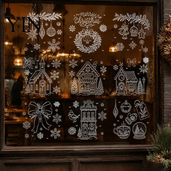 Christmas Party Window Ornaments 9Pcs Clings, Static Glass Stickers, Reusable White Line Hand-Painted Decals Stickers for Holiday Home Decorations,