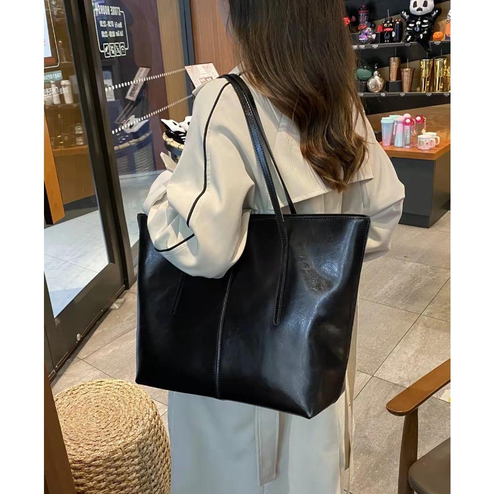 New Leather Women's Bag Fashionable Retro Oil Wax Leather Textured Shoulder Bag Daily Commuting Large-capacity Computer Tote Bag
