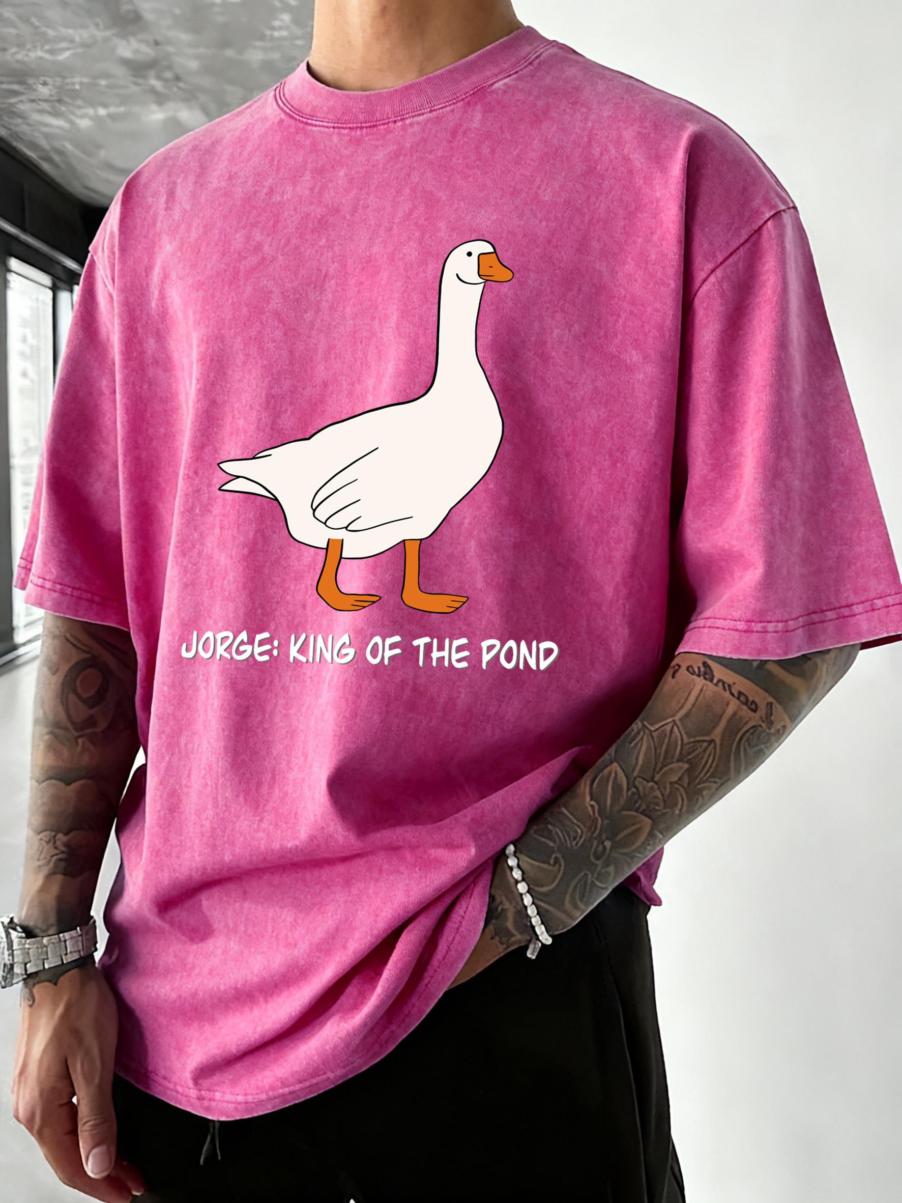 

Jorge King Of The Pond Print Washed T Shirt Men Summer Breathable Tops Cotton Vacation Streetwear Hip Hop Loose Tee Shirts S