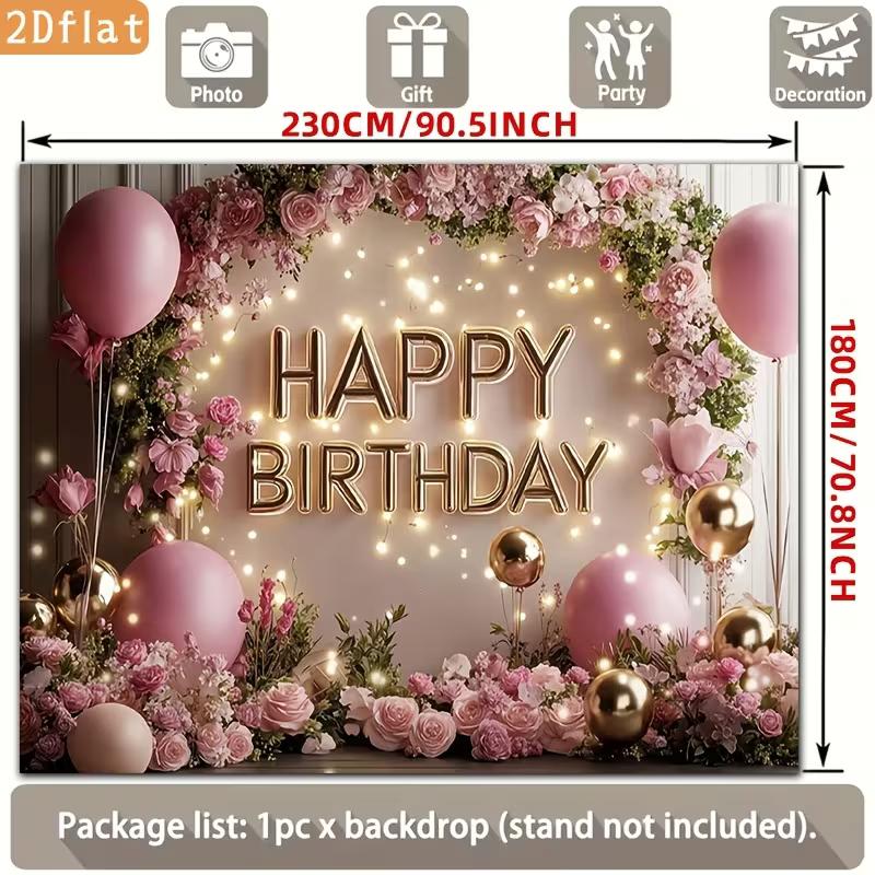 

2D Pink Floral Arch Happy Birthday Backdrop, Warm Light & Balloon Photography Background for Party 47.2x31.5inch/120*80cm