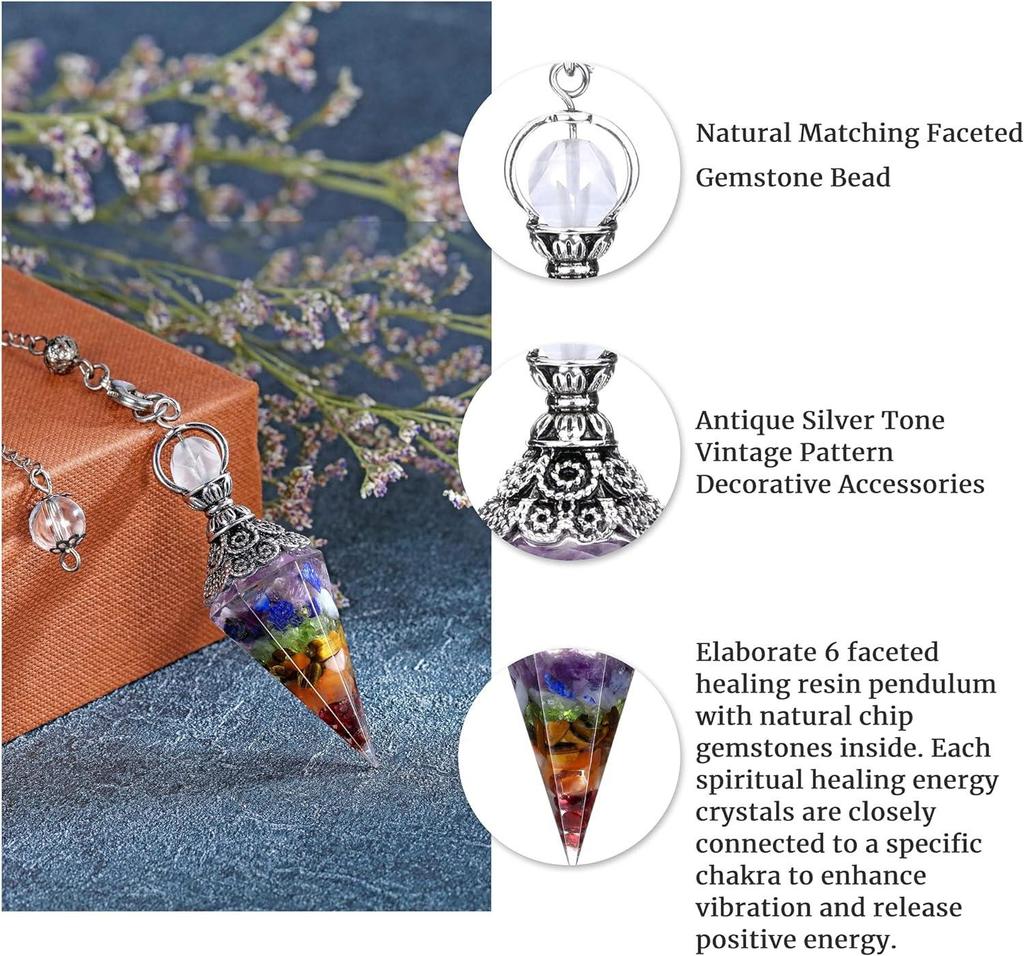 Antique Silver Seven Chakra Crystal Resin Pendulum with Semi-Precious Chips Pendant