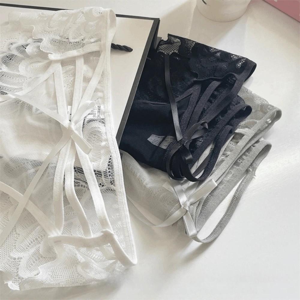 Summer Low Waist Lace Panties Bow Cotton Crotch Mesh Flower Briefs Thin Strap Transparent Lace Thin Underwear Female