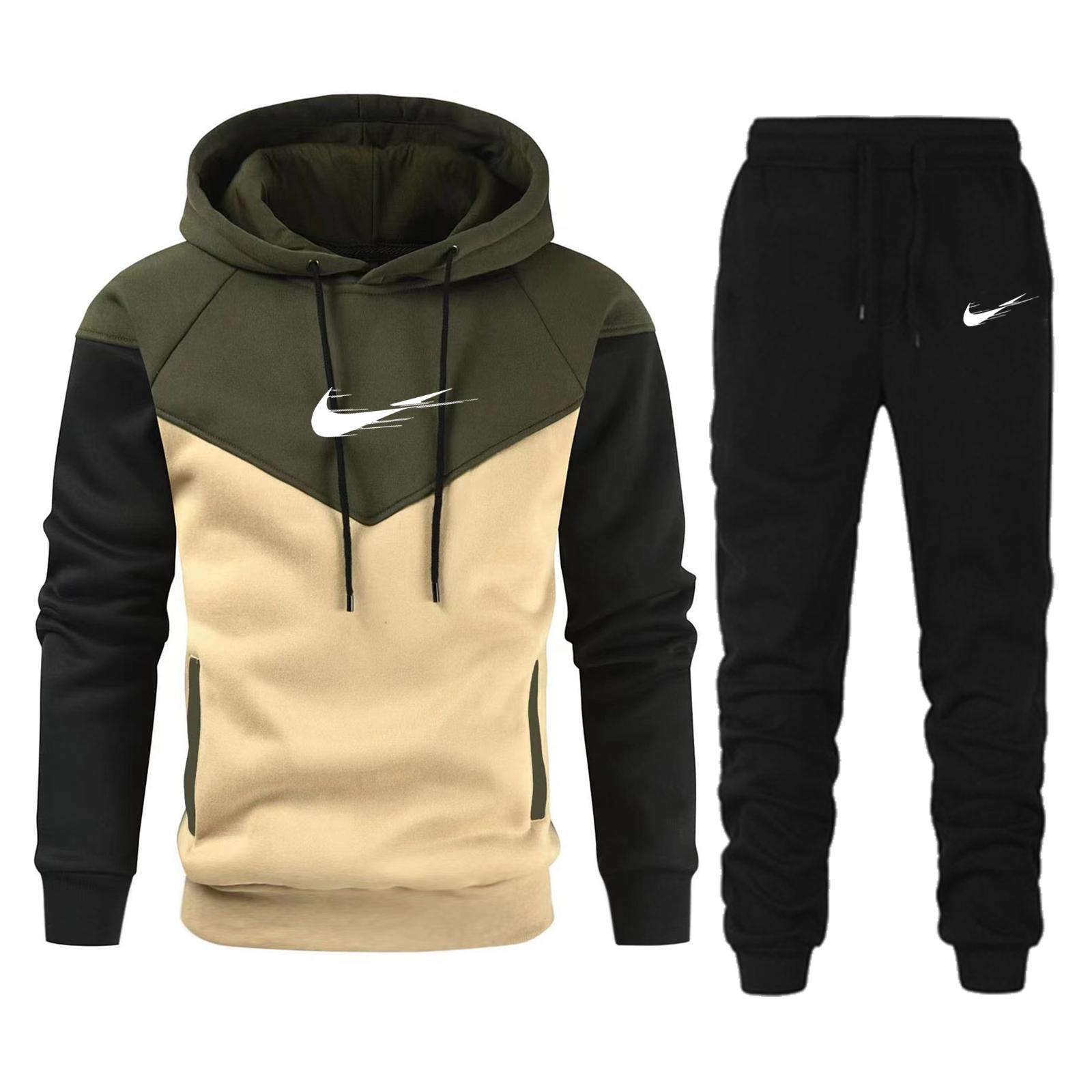 Tute sportive nere da uomo autunno 2025, nuove, con cappuccio caldo e felpato, abbinate ai colori, 2 pezzi, abbigliamento maschile 2XL